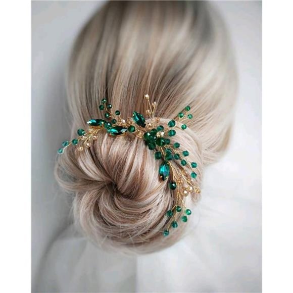 Denifery Bridal Hair Pin Emerald Gold Hair Piece Emerald Hair Clip Gold Green Ha main image 2
